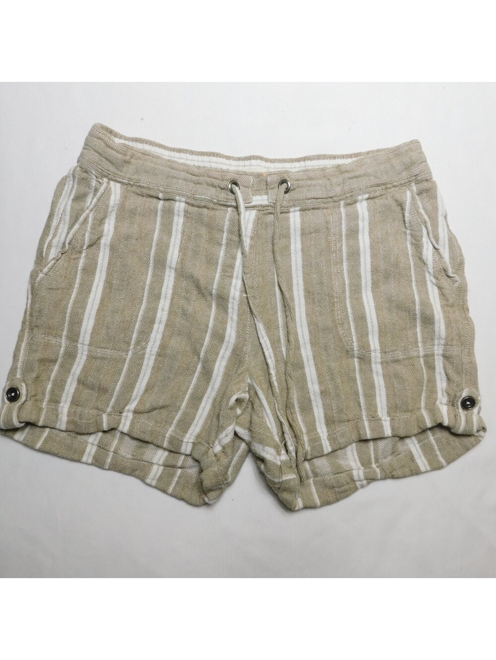 Per Se Womens Linen Blend Striped Shorts Size Medium Beige White Drawstring Cuff